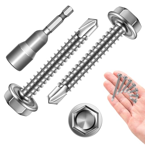 Self Tapping Screws for Metal 100Pcs #8 x 1-1/4", 410 Stainless Steel Hex Head Sheet Metal Screws, Self Drilling Screws for Metal, High-Strength Quick Self-Tapping Screws by Marysino - color: Silver (#8), size: 1-1/4"