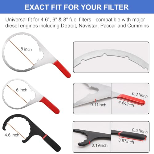 3-Piece Diesel Fuel Filter Wrench Set (4.6/6/8 Inch) - Heavy-Duty Steel - color: Red, Black