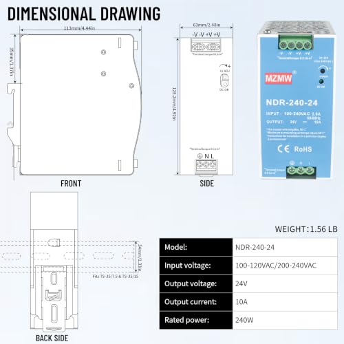 CNCTOPBAOS NDR 240W 24V DC 10A Industrial DIN Rail Switching Power Supply - style: NDR-240-24