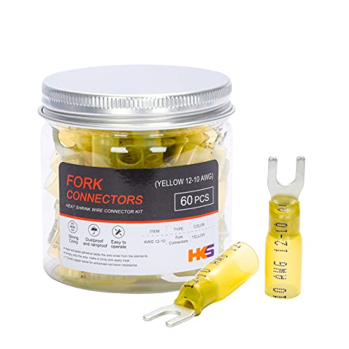HKS 60PCS Fork Connector #10 Yellow 12-10 Gauge - Heat Shrink Spade Fork Wire Connectors Kit - Tinned Red Copper - Automotive Marine Crimp Connectors - Waterproof and Insulated Terminals - color: Yellow 12-10 Gauge, size: #10