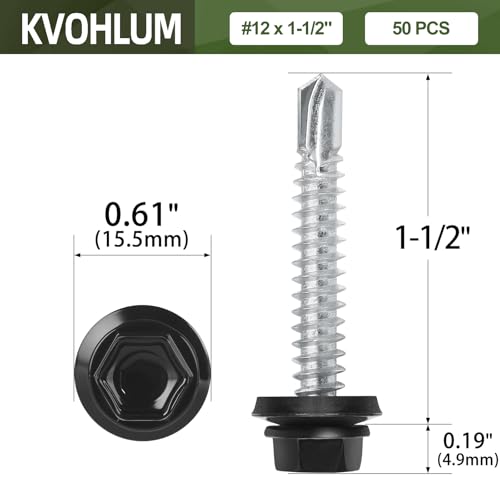 #12 x 1-1/2" (50 PCS) Black Metal Roofing Screws with Rubber Washer, Hex Head Metal to Wood Self Tapping Siding Screws, Self Drilling Sheet Metal Screw, Hex Bit Socket Included - size: #12 x 1-1/2"