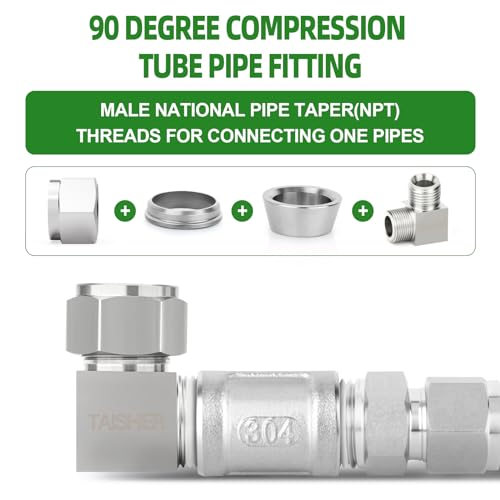 TAISHER 2PCS 304 Stainless Steel Square 90 Degree Compression Tube Pipe Fitting Connector, 1/2" Tube OD x 3/8" NPT Male Adapter - size: 1/2" OD x 3/8" MNPT