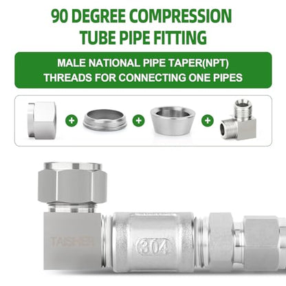 TAISHER 2PCS 304 Stainless Steel Square 90 Degree Compression Tube Pipe Fitting Connector, 1/2" Tube OD x 3/8" NPT Male Adapter - size: 1/2" OD x 3/8" MNPT