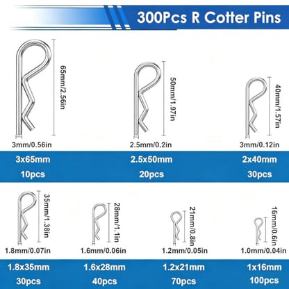 300Pcs 304 Stainless Steel R Cotter Pins – 7 Sizes Assortment Kit, Heavy-Duty Hitch Lock Pins for Trucks, Trailers, Engines & Farm Equipment - size: 300Pcs 7-sizes