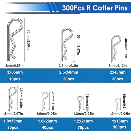 300Pcs 304 Stainless Steel R Cotter Pins – 7 Sizes Assortment Kit, Heavy-Duty Hitch Lock Pins for Trucks, Trailers, Engines & Farm Equipment - size: 300Pcs 7-sizes