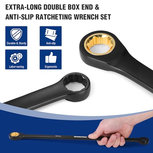 WORKPRO Extra Long Ratcheting Wrench Set, 10-Piece Anti-Slip Double Box Wrenches Set, Metric 8-19 mm, 72-Teeth, Cr-V Steel and Black Electrophoretic Coating Wrenches with Rolling Pouch - size: Metric