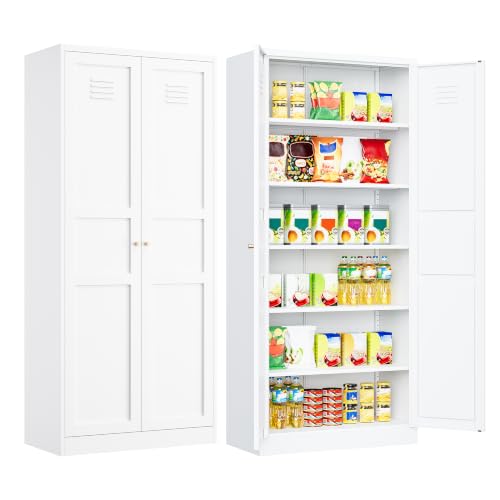 SISESOL 71" Tall Pantry Cabinet with 2 Doors and 5 Shelves,Kitchen Pantry Storage Cabinets,White Metal Storage Cabinet,Wide Deep Food Cupboard for Home,Kitchen,Dining/Living Room - color: White, size: 71"H