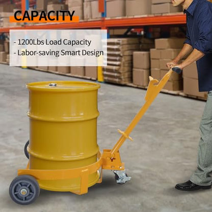 55 Gallon Drum Dolly, 1200lbs Capacity Oil Drum Caddy, Low Profile Barrel Dolly Cart with Adjustable Handle for Workshop Factory Warehouse