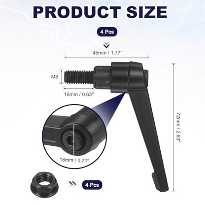 uxcell 4Pcs Adjustable Clamping Lever Handles, M8x16mm Zinc Alloy Male Thread Stud Knobs with Nuts Quick Release Bolt Rotating Screw Handles for Lathes Woodworking, Black - size: M8x16mm