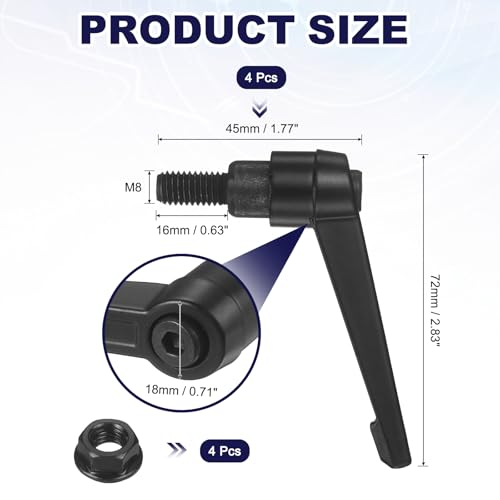 uxcell 4Pcs Adjustable Clamping Lever Handles, M8x16mm Zinc Alloy Male Thread Stud Knobs with Nuts Quick Release Bolt Rotating Screw Handles for Lathes Woodworking, Black - size: M8x16mm