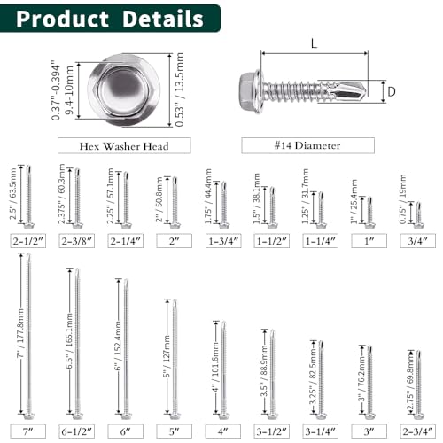 #14 x 2-1/2" (25 pcs) Hex Washer Head Self Drilling Screws, 410 Stainless Steel Metal Sheet Tek Screws, Self Tapping Point, No Pre-drilled Hole Needs - size: #14 x 2-1/2"