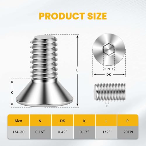 1/4-20 x 1/2" Flat Head Socket Cap Screws Countersunk Bolts, Allen Socket Drive, Stainless Steel 18-8 (304), Bright Finish, 50 PCS - color: Silver, size: 1/4-20 x 1/2"