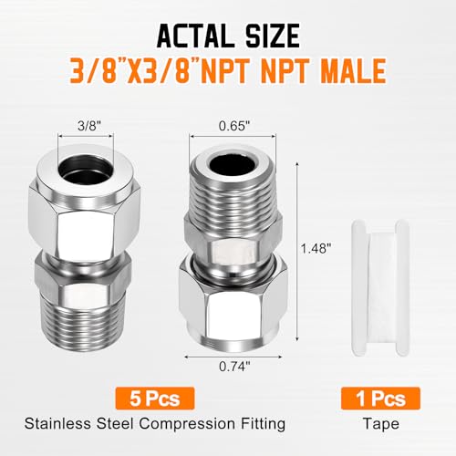 5 Pack 3/8"OD Compression x 3/8" NPT Male Union Coupling Connector - size: 3/8"ODx3/8" MNPT