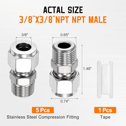5 Pack 3/8"OD Compression x 3/8" NPT Male Union Coupling Connector - size: 3/8"ODx3/8" MNPT