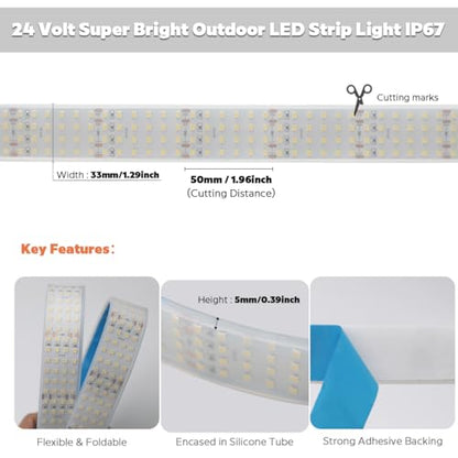Quad Row Bright Outdoor IP67 Waterproof LED Light Strip 5M, 24V 2400 LEDs 17,650 lm/Roll High Output 6000K Daylight White CRI90+ 2835SMD 33mm Wide LED Strip Light with Adhesive (5m/16.4ft 6000K IP67) - size: IP67, 24V, 5m/16.4' Daylight White