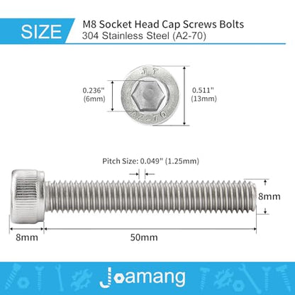M8-1.25 x 50mm Socket Head Cap Screws Bolt, 304 Stainless Steel (A2-70), Metric Allen Hex Drive, Bright Finish, Fully Threaded, Quantity 10 - size: M8 x 50mm(10PCS)