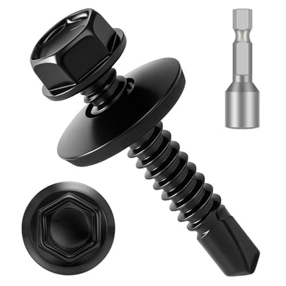 160 PCS #10 x 1-1/4" Black Self Drilling Metal Roofing Screws, Hex Head Self Tapping Sheet Metal Roof Screw with Rubber Washer for Wooden Siding - size: #10 x 1-1/4"
