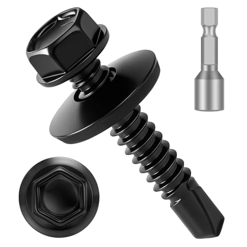 200 PCS #10 x 3/4" Black Self Drilling Metal Roofing Screws, Hex Head Self Tapping Sheet Metal Roof Screw with Rubber Washer for Wooden Siding - size: #10 x 3/4"