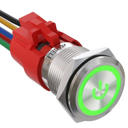 APIELE 19mm Latching Push Button Switch 3/4" 12V DC Power Symbol LED with Socket Plug 1NO1NC SPDT ON/Off（ Green） - color: Green