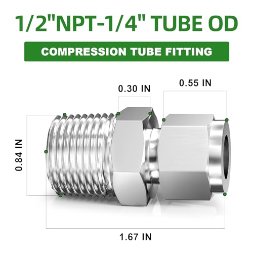 TAISHER 2PCS 304 Stainless Steel Compression Tube Pipe Fitting Connector, 1/4" Tube OD x 1/2" NPT Male Straight Adapter - size: 1/4" OD x 1/2" MNPT