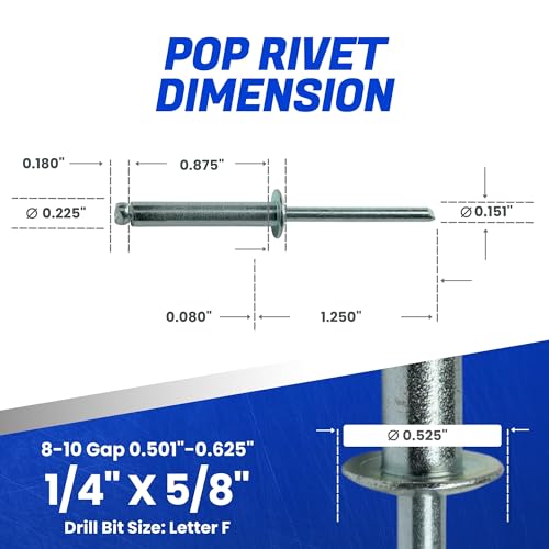 Fastenere Pop Rivets - 1/4" x 5/8" (25 pcs) Heavy Duty, Open-End, Low Carbon Steel, Dome-Head Blind Rivets, Corrosion-Resistant & High Shear Strength, 8-10 Gap 0.501"-0.625" - size: 1/4" x 5/8" (8-10) (25 Pack)