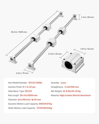 VEVOR Linear Rail Kit, SFC25, 2Pcs 1000 mm (39.4 inch) Linear Motion Guide Rails and 4Pcs Bearing Slide Blocks, for DIY Engraving Machine Lathe Milling Machine Slides, DIY Training Rocker Plate - size: SFC 25-1000mm