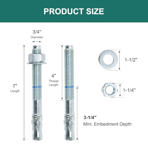 3/4" x 7" Concrete Anchors (20 Pack) 3/4 inch Wedge Anchors Bolts Zinc Plated - size: 3/4"x7"