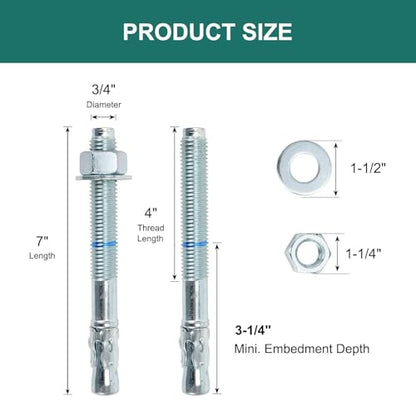 3/4" x 7" Concrete Anchors (20 Pack) 3/4 inch Wedge Anchors Bolts Zinc Plated - size: 3/4"x7"