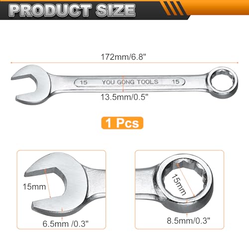 HARFINGTON Metric Combination Wrench, 15mm Open End & 15-Degree Offset - size: 15mm