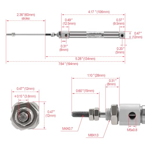 Heschen Stainless Steel Slim Air Pneumatic Cylinder, CDJ2B 10-60, M5 Port, 10mm Bore, 60mm Stroke, Double Acting Single Rod - size: 60mm Stroke