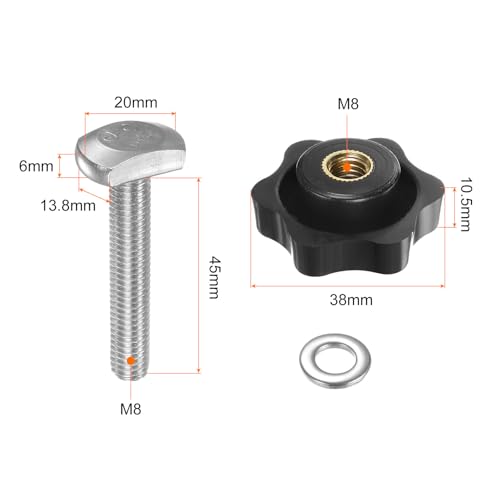 HARFINGTON 5Set T Track Bolts Knob Kit M8 x 45mm Threaded Bolts M8 x 38mm Hex Hand Nut Clamping Knob with Washer for Woodworking Jigs and Fixtures, Black - color: Black, size: M8 x 45mm/M8 x 38mm