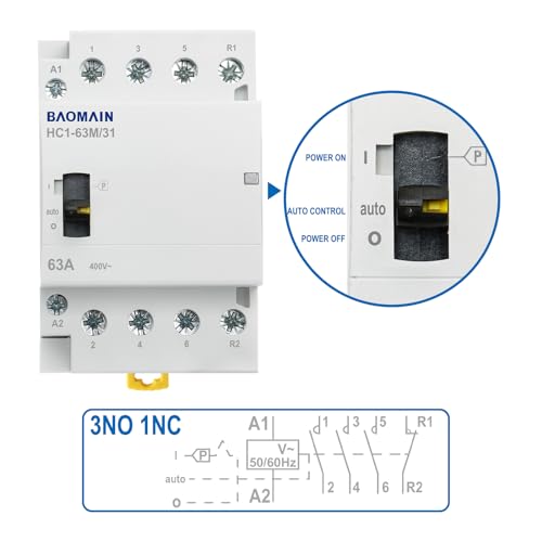 BAOMAIN 24V 4-Pole 63A Manual/Auto AC Contactor,3NO1NC,DIN Rail Mount