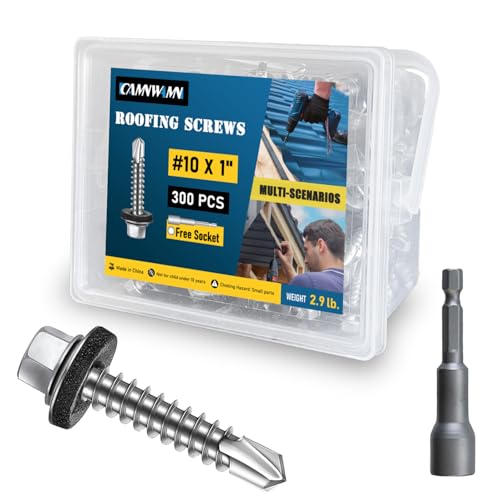 300Pcs #10 x 1 Inch Galvanized Metal Roofing Screws, Hex Head Drill Point Sheet Metal Roof Screw with Rubber Washer, EPDM Washer, with Hex Drive Bit. - color: Galvanized, size: #10 x 1 Inch