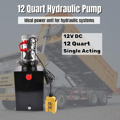 12V DC Hydraulic Pump 12 Quart Hydraulic Power Unit Single Acting with Steel Reservoir for Dump Trailer Truck Car Lift Unit Dynast