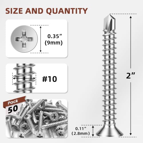 Mellewell #10 x 2 Flat Head Sheet Metal Screws, 50 PCS - color: Silver, size: #10 x 2"