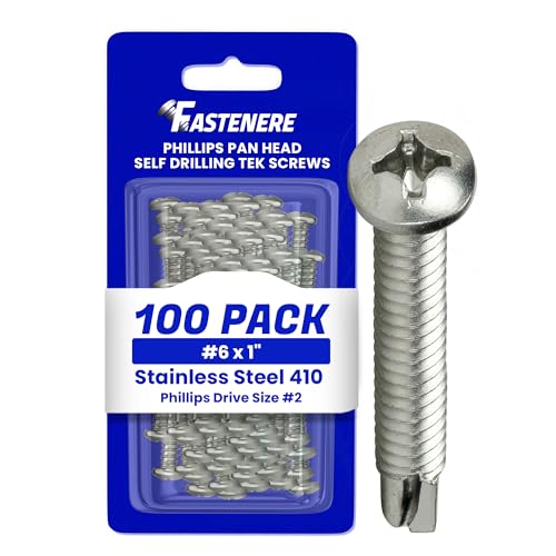 Fastenere Pan Head Self Drilling Tek Screws - #6 x 1 (100 Pack) Stainless Steel 410, Full Thread, Bright Plain Finish, Corrosion-Resistant, Self-Drilling, Easy to Install w/Phillips Drive Size #2 - size: #6 x 1" (100 Pack)