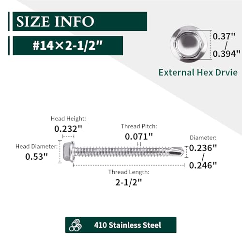 #14 x 2-1/2" (25 pcs) Hex Washer Head Self Drilling Screws, 410 Stainless Steel Metal Sheet Tek Screws, Self Tapping Point, No Pre-drilled Hole Needs - size: #14 x 2-1/2"