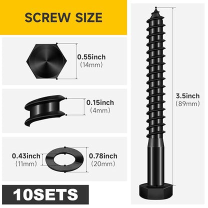 (10Sets) 3/8" x 3-1/2" Hex Head Lag Bolts, Heavy Duty Lag Screws with Washers, 304 Stainless Steel Bolts 18-8, Lag Screws Wood Screws, Partial Thread Black Oxide, 3/8 Bolt by Mywish - size: 3/8 x 3-1/2" (10 set)