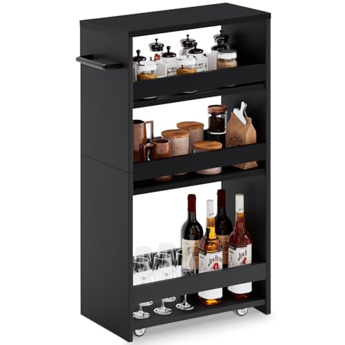 MARTY Slim Rolling Storage Cart, Wood Utility Kitchen Bathroom Laundry Cart - color: All Black, size: 7.9"D x 15.75"W x 31.5"H