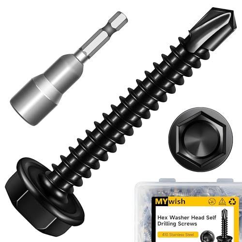Mywish 100pcs #8 x 1-1/4" Self Drilling Screws for Metal, 410 Stainless Steel Hex Washer Head Self Drilling Screws, Black Oxided Self Tapping Sheet Metal Tek Screw Fast Tapping - size: #8x1-1/4"(100pcs)