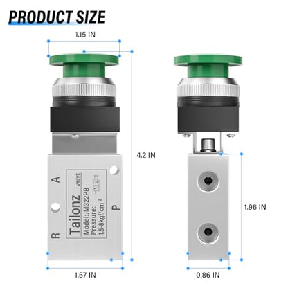 TAILONZ PNEUMATIC Green 1/4”NPT Manual Control Type Mushroom Push Button 3 Way 2 Position Pneumatic Control Mechanical Valve - size: 3 Way 2 Position