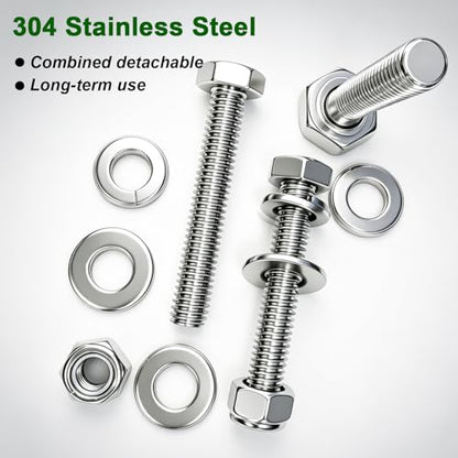 10 Sets 5/16-18×2" Stainless Steel Hex Head Screws Bolts, Nuts, Flat & Lock Washers,18-8(304) Full Thread - color: Silver-hex, size: 5/16-18×2"(10 sets)