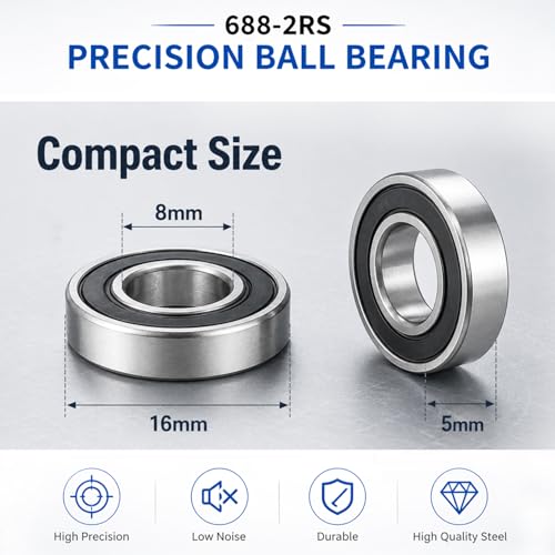 10 PCS 688-2RS Ball Bearings, Double Rubber Sealed Deep Groove Ball Bearings, 8mm x 16mm x 5mm Miniature Bearings for 3D Printer, Home Appliances, Robotics, and ect (688 2RS)