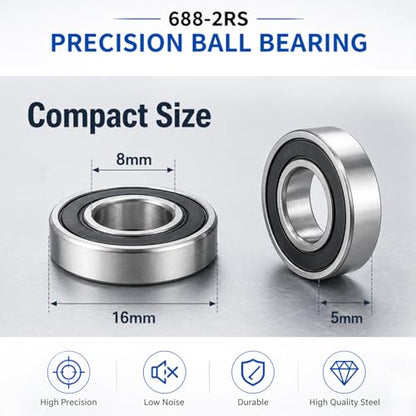 10 PCS 688-2RS Ball Bearings, Double Rubber Sealed Deep Groove Ball Bearings, 8mm x 16mm x 5mm Miniature Bearings for 3D Printer, Home Appliances, Robotics, and ect (688 2RS)