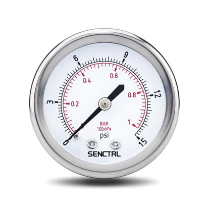 SENCTRL 0-15 Psi Low Pressure Gauge, 1/4" NPT Back Mount - size: 0-15Psi, style: Back Mount