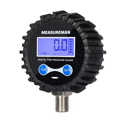MEASUREMAN 2-1/2" Dial Size Digital Air Pressure Gauge with 1/4'' NPT Bottom Connector and Protective Boot, 0-200psi, Accuracy 1%, Battery Powered, with LED Light - size: Long thread, style: 0-200psi