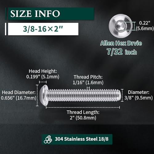 3/8-16 x 2 Button Head Socket Cap Bolts Screws, 304 Stainless Steel 18-8, Full Thread, Coarse Thread UNC, Allen Hex Drive, 10 PCS - size: 3/8-16 x 2"