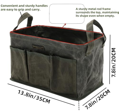 Tool Bag for Organizing, Waxed Canvas Wide Open Top Tool Tote Bag with 6 External Pockets, 13.8 x 7.8 x 7.8 Inches (ArmyGreen) - color: ArmyGreen-Single