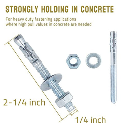 1/4 Concrete Anchors, Zinc-Plated Steel Wedge Anchors, 20 Pack - size: 1/4" x 2-1/4"