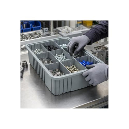 Quantum Storage DG92035 Dividable Grid Heavy Duty Part Organizer Bins - 16-1/2" x 10-7/8" x 3-1/2" - 12 Pack - color: Gray